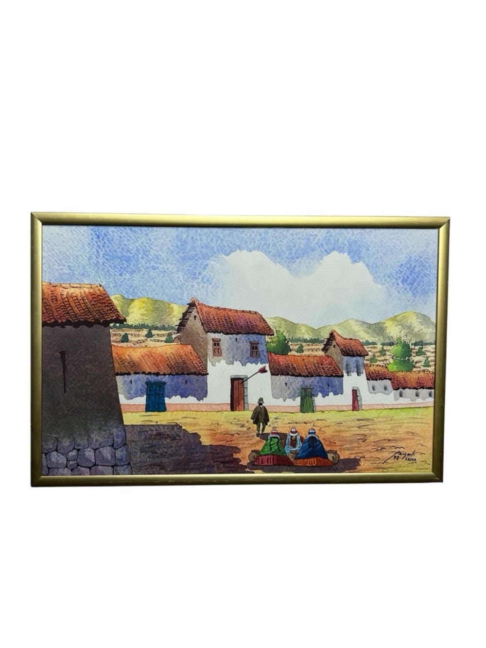 Vintage 1997 Original Signed Framed Watercolor Paint Cultural Villa Cusco Peru